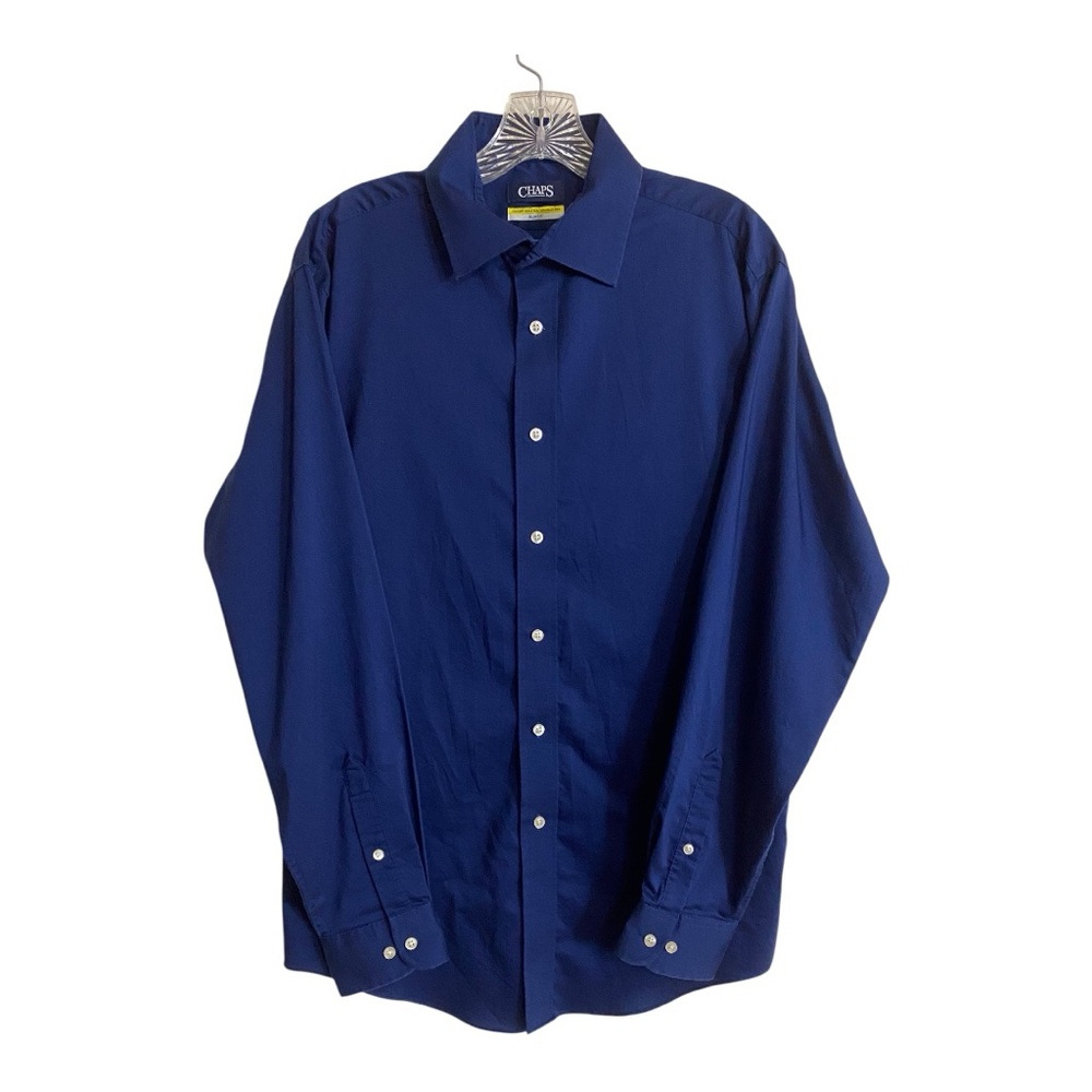 CHAPS Slim Fit Shirt Men's Sz 16 34/35 Dark Navy Blue Stretch Wrinkle-Free L/S